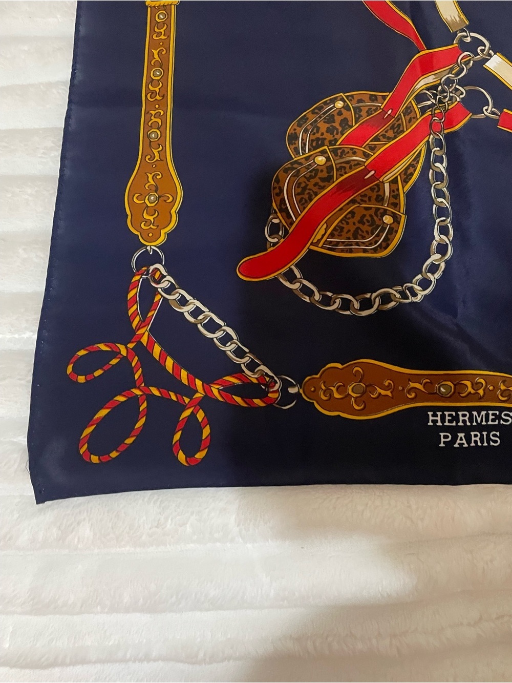 Hermès Navy Silk Scarf with Gold and Orange Harness Motif - Picture 8 of 16